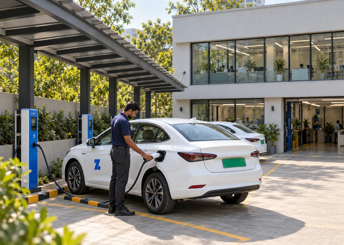 AI-generated illustrative photograph of a fleet attendant checking a connected charging cable beside an electric sedan at an unbranded hub