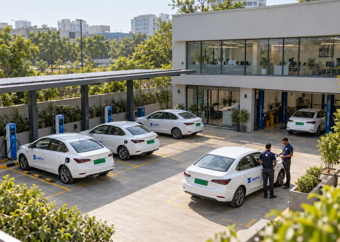 AI-generated photographic illustration of an electric fleet depot with charging canopy, an unbranded operations building, ready vehicles and staff