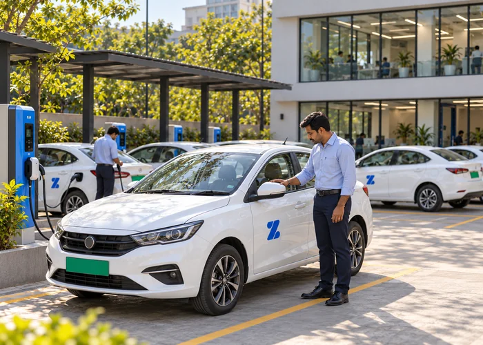 AI-generated illustrative photograph of an Indian fleet driver preparing a white electric sedan for the next shift at an unbranded hub