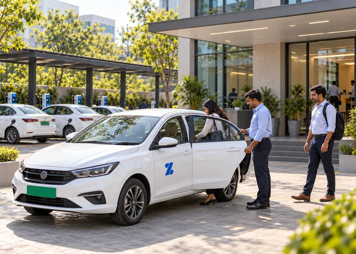 AI-generated illustrative photograph of an employee boarding a white electric sedan with a driver at an unbranded office entrance