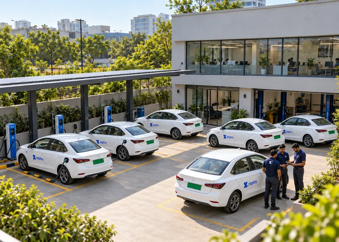 AI-generated photographic illustration of a group of branded fleet vehicles and drivers ready for dispatch at an unbranded hub