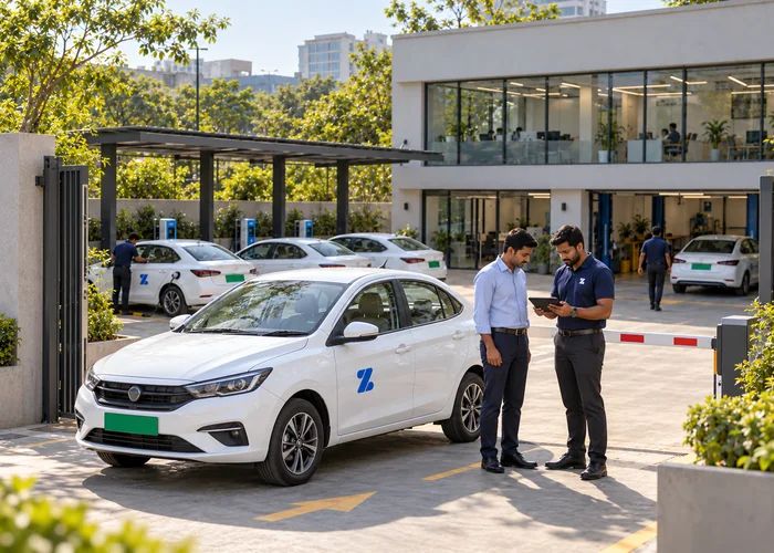 AI-generated photographic illustration of a driver and operations coordinator checking a vehicle before handover at an unbranded hub