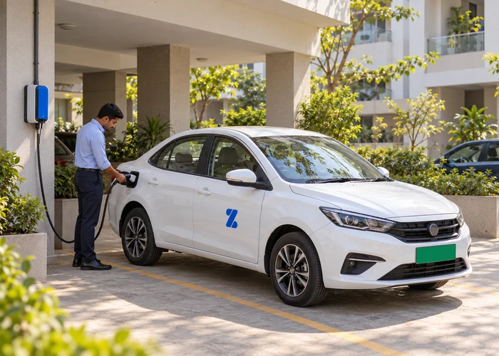 AI-generated illustrative photograph of a driver checking a white electric sedan connected to a wall charger in residential parking