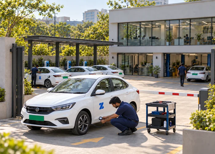 AI-generated illustrative photograph of an EV technician inspecting the front tyre of a white electric sedan in the same unbranded hub courtyard